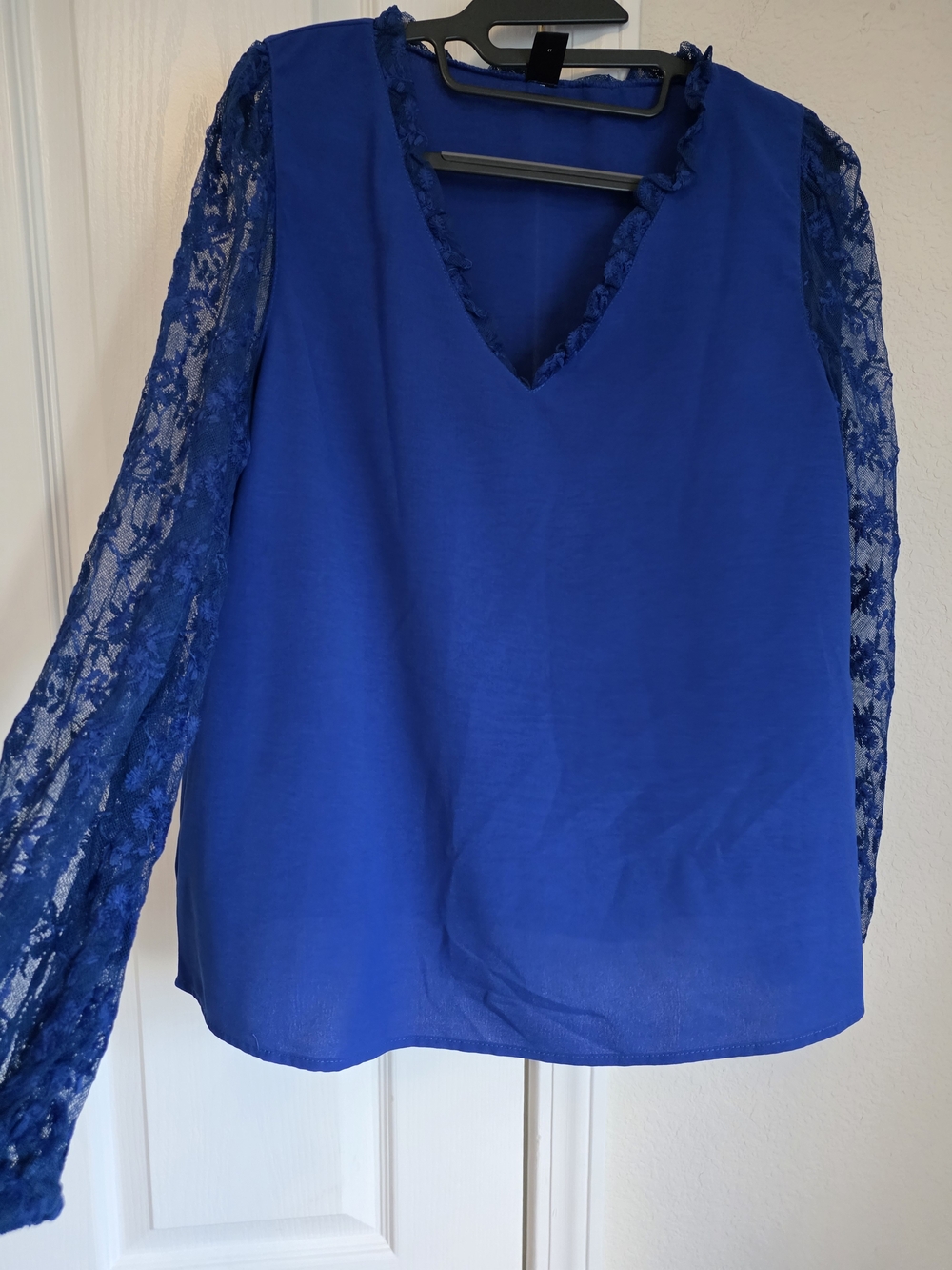 Blue Lace-Sleeve V-Neck Women's Top